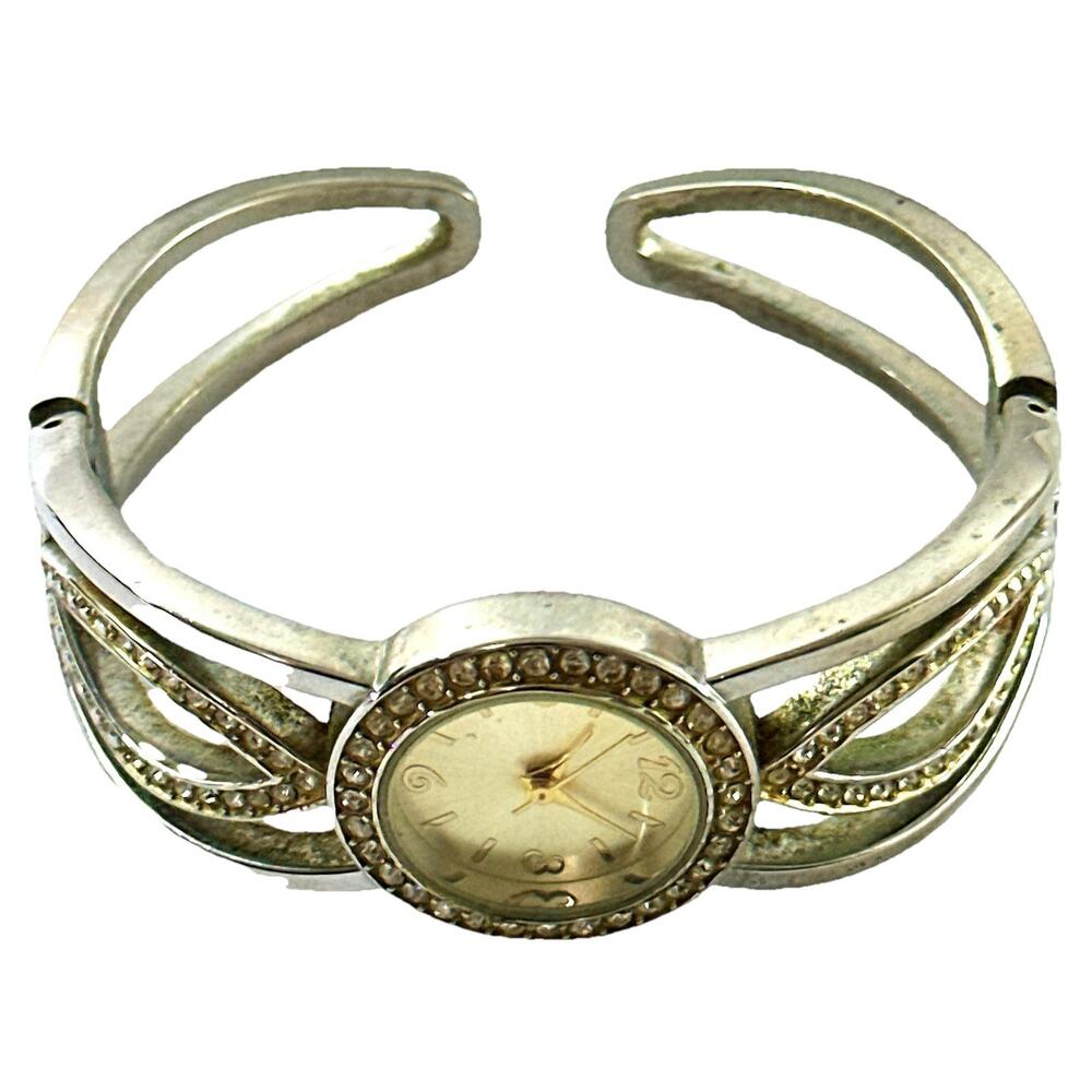 Vintage Silver-Tone Cuff Bracelet Watch with Rhinestones – Japan Movement Works - Picture 3 of 7